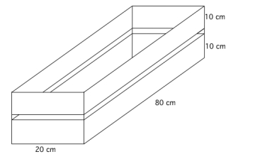 Figuren viser en kasse som er åpen i toppen. Rektangulær bunn med sider 20 cm og 80 cm. Oppå det hat vi 2 identiske lag av høyde 10 cm (med litt mellomrom).